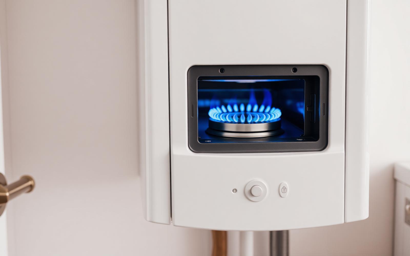 Modern combi boiler burner glowing with a clean blue gas flame