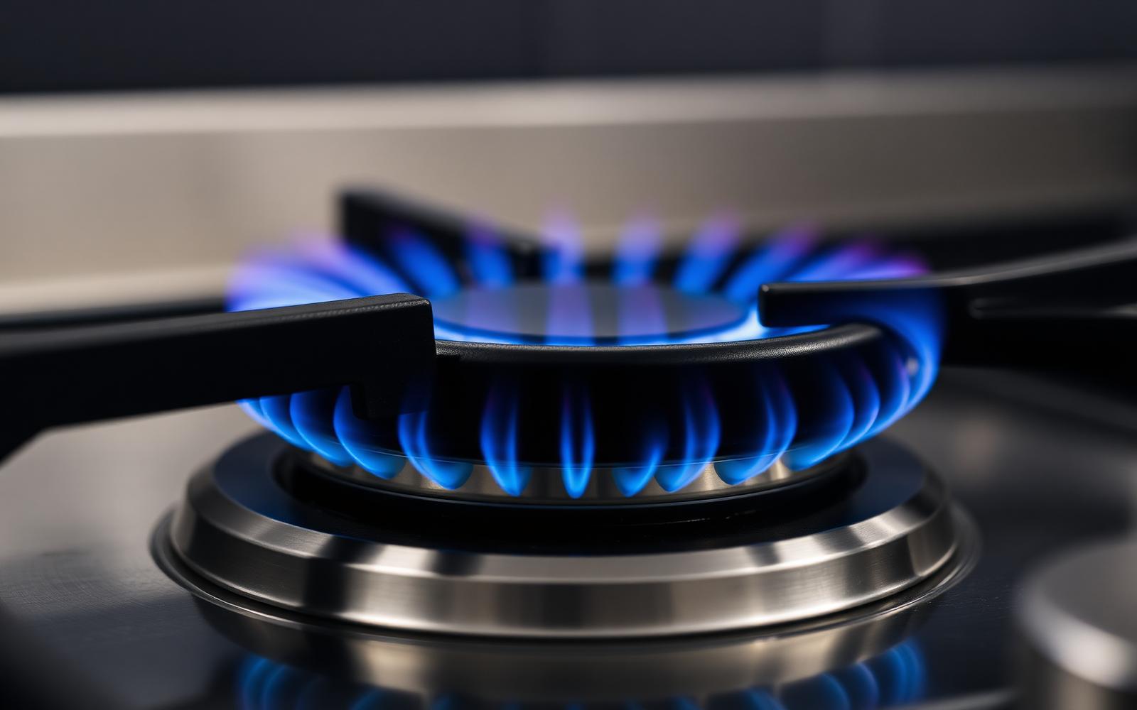 Gas hob burner lit with a vivid blue flame ring